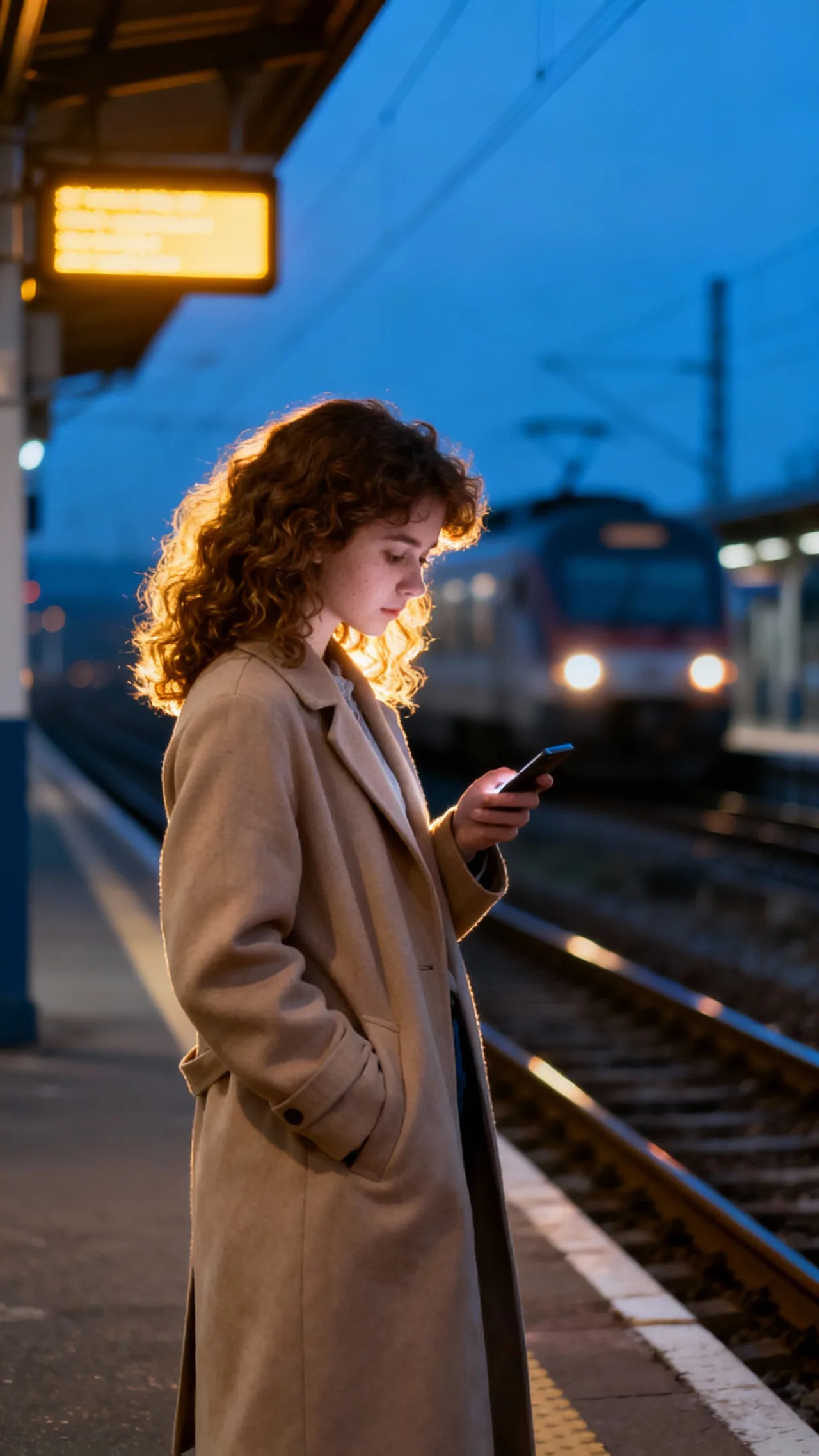 Девушка в пальто на железнодорожной платформе — работа из галереи Seedance AI